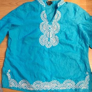 Preowned Turquoise Embroidered linen Tunic Top with White Detailing 2 X